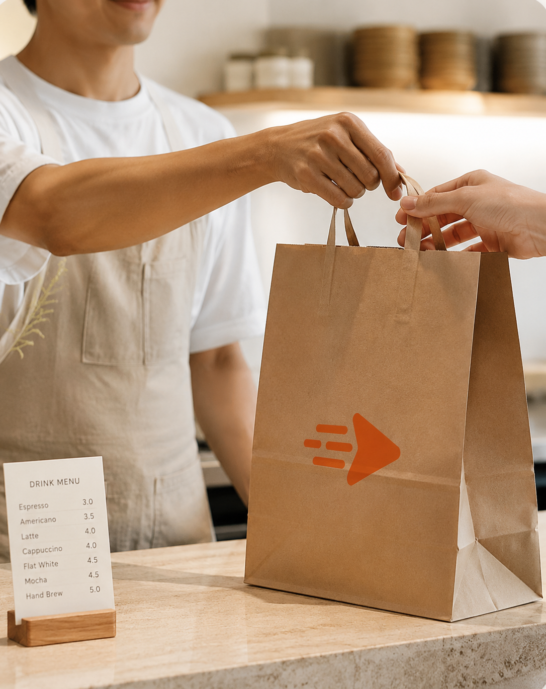 A cafe barista handing a brown paper takeaway bag to a customer over the counter