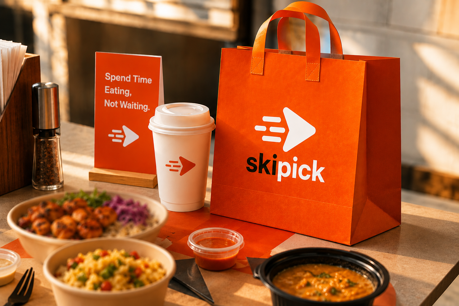 Skipick branded takeaway bag, cup, and meals ready for pickup