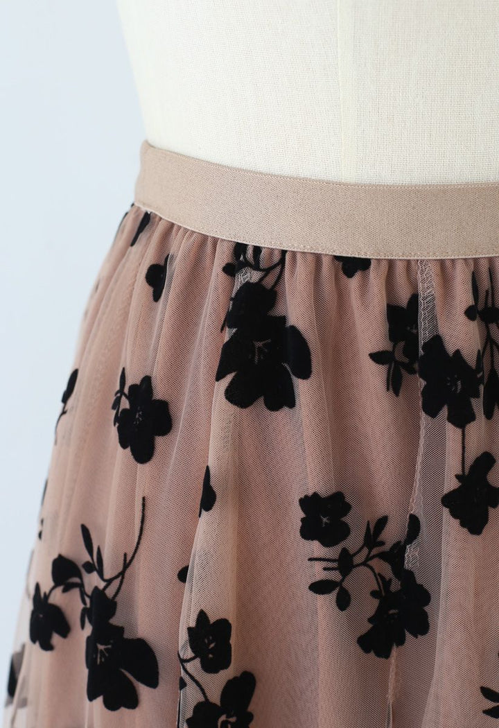 3D Posy Double-Layered Mesh Midi Skirt - Elegant & Textured Midi Skirt in Caramel