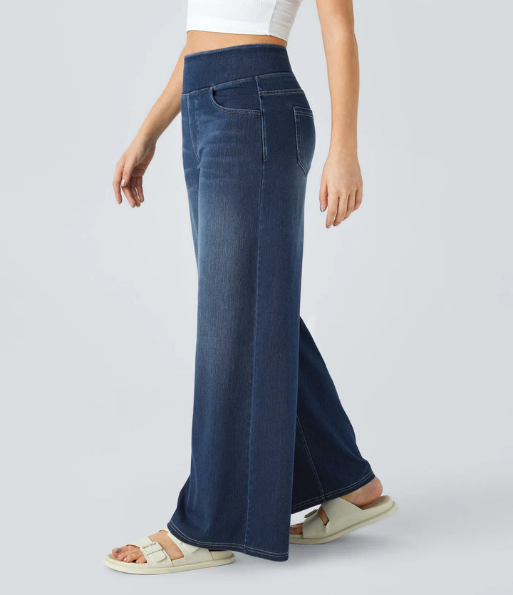 High Waisted Wide Leg Casual Jeans – Multiple Pockets, Washed Stretchy Knit for Comfort