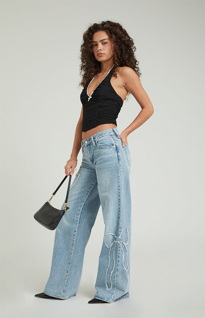 Women's Bow Low Rise Baggy Jeans - Fashionable Loose-Fit Denim Pants