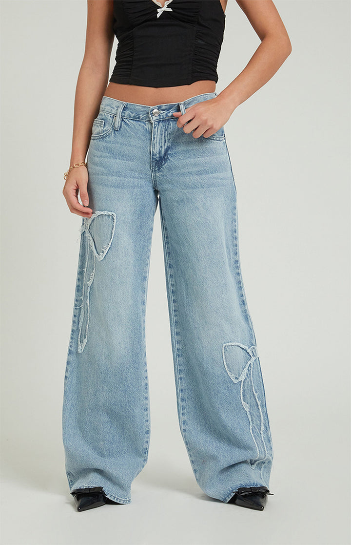 Women's Bow Low Rise Baggy Jeans - Fashionable Loose-Fit Denim Pants