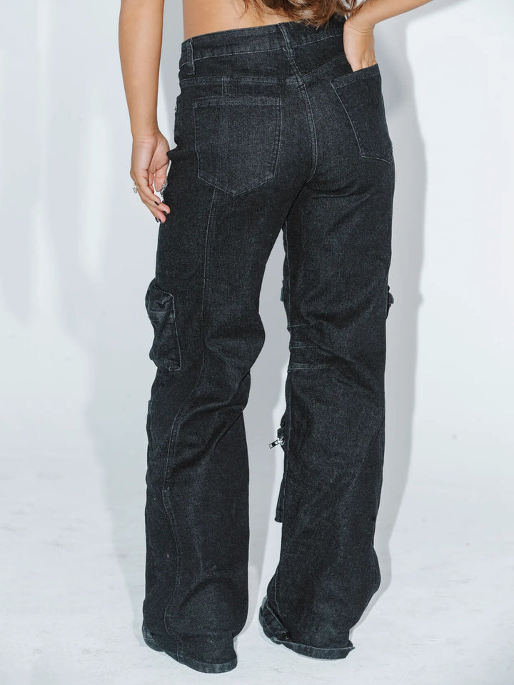 Cut Out Rhinestone Cargo Jeans