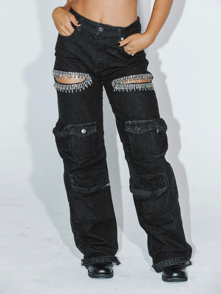 Cut Out Rhinestone Cargo Jeans