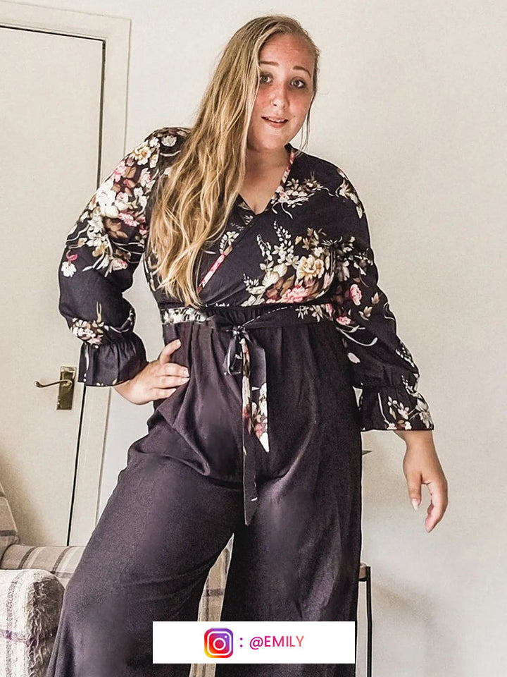 Plus Floral Patchwork Wrap Belted Pocket Jumpsuit