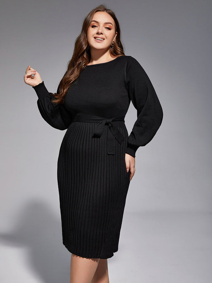 Plus Black Solid Tie Lantern Sleeves Midi Knit Dress