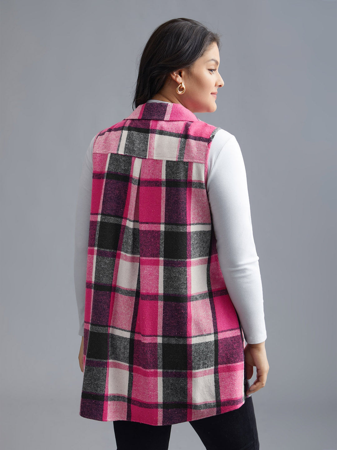 Plaid Flap Detail Sleeveless Jacket