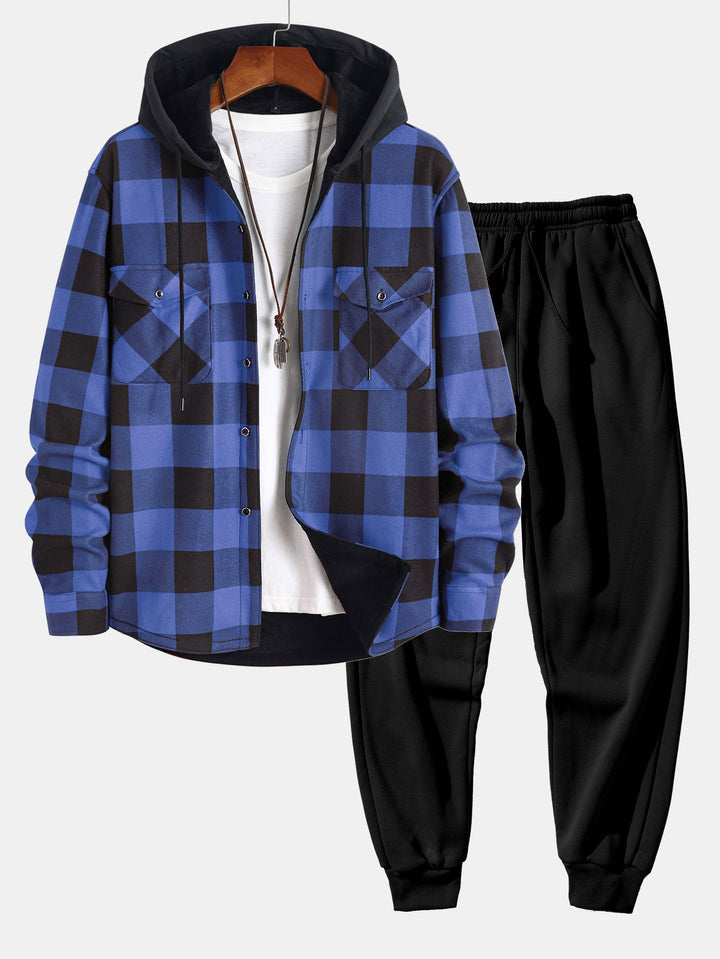 Flannel Fleece Lined Hooded Shirt & Jogger Pants