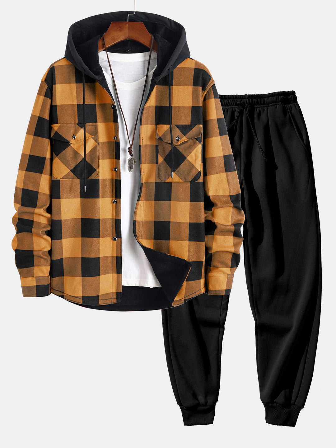 Flannel Fleece Lined Hooded Shirt & Jogger Pants