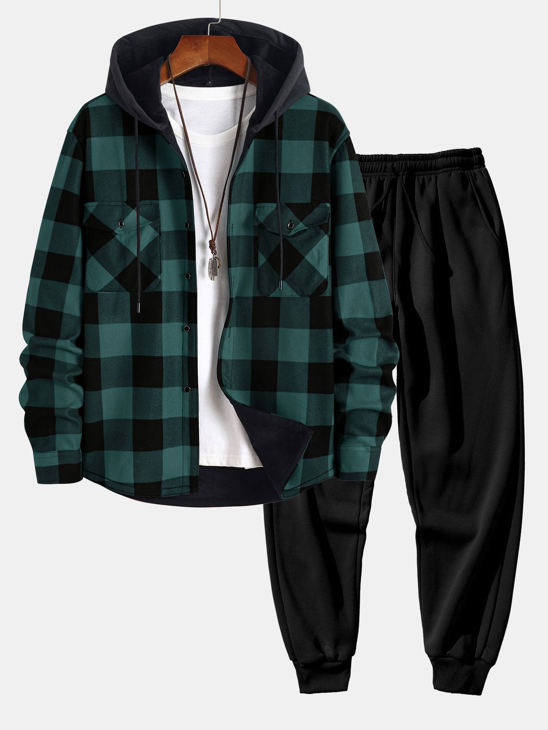 Flannel Fleece Lined Hooded Shirt & Jogger Pants