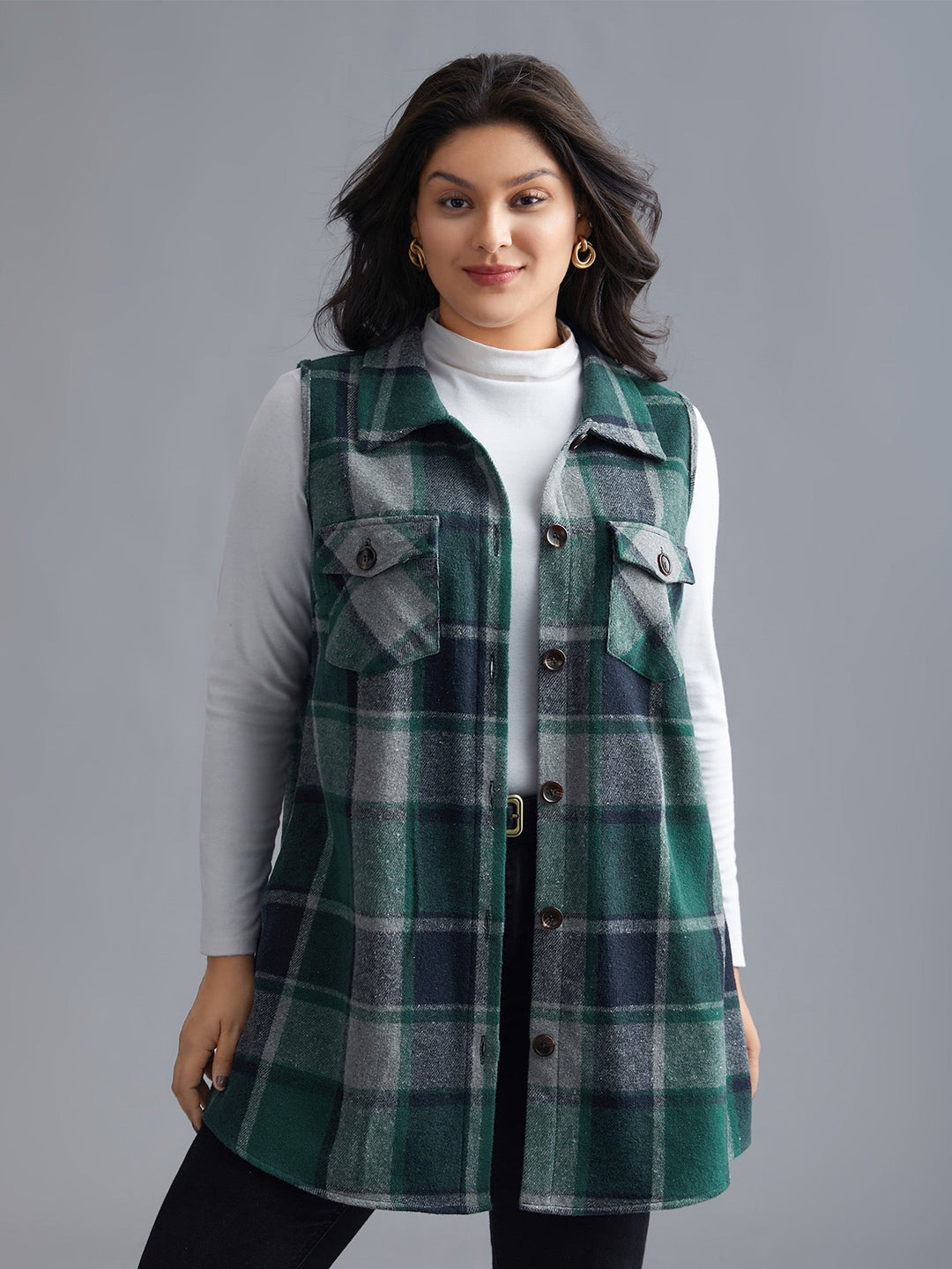 Plaid Flap Detail Sleeveless Jacket