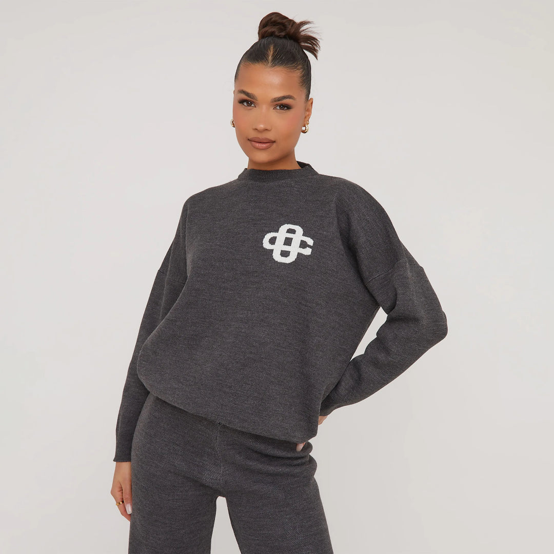 High Neck Oversized Grey Knit Sweatshirt with Contrast Swirl Detail