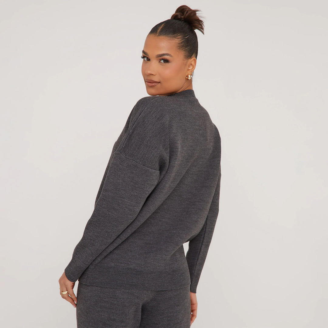 High Neck Oversized Grey Knit Sweatshirt with Contrast Swirl Detail