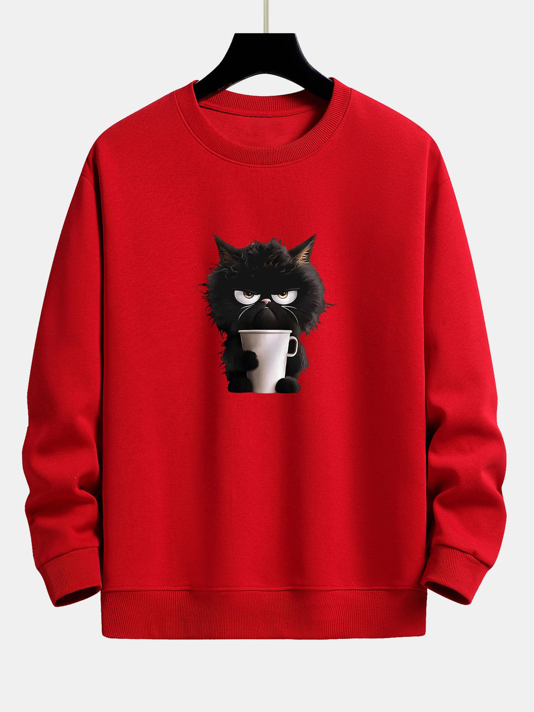 Black Cat Drinking Coffee Print Relax Fit Sweatshirt