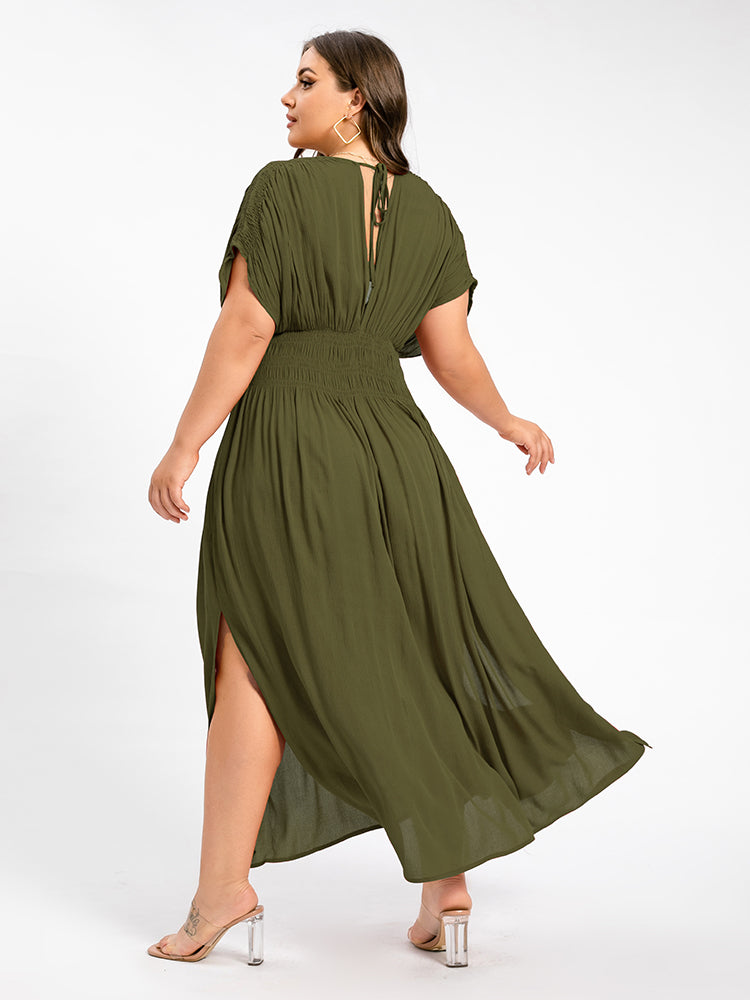 V-Neck Batwing Sleeve Pocket Ruched Waist Maxi Dress