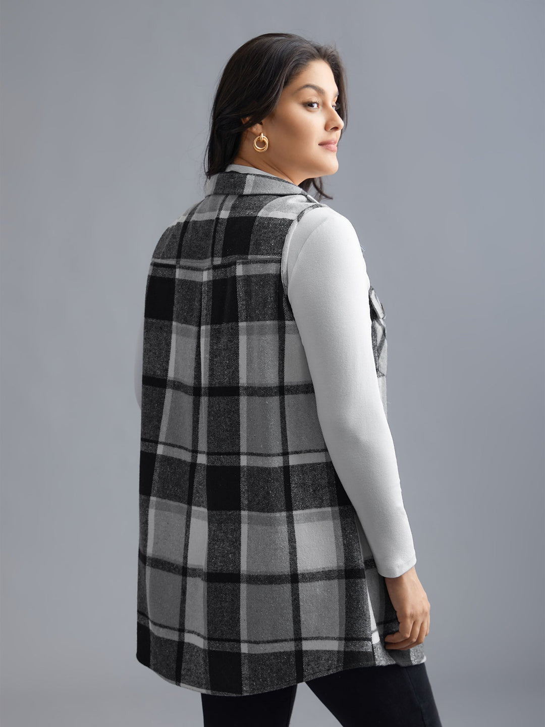 Plaid Flap Detail Sleeveless Jacket