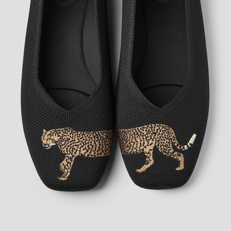 Square-Toe V-Cut Flats in Black Cheetah – Bold Style with Everyday Comfort