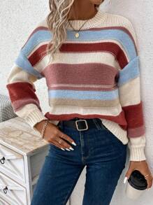 Stripe Splicing O-Neck Long Sleeves Sweater - Trendy & Cozy Casual Wear