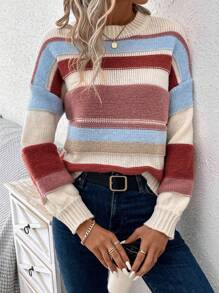 Stripe Splicing O-Neck Long Sleeves Sweater - Trendy & Cozy Casual Wear