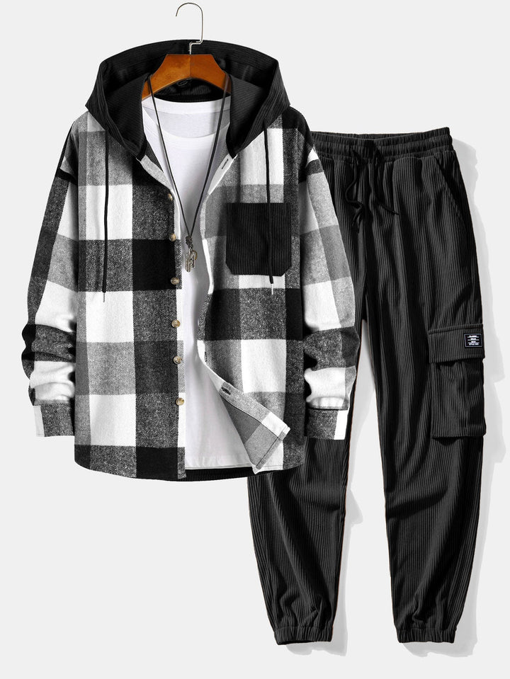 Relax Fit Flannel Plaid Corduroy Patchwork Hooded Shirt & Corduroy Cargo Jogger Pants