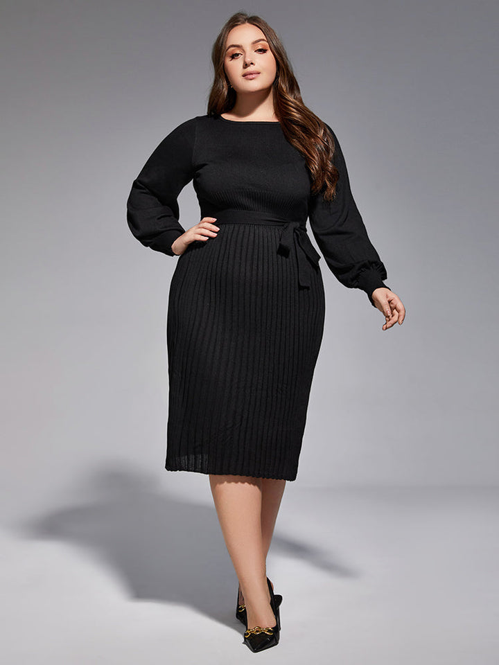 Plus Black Solid Tie Lantern Sleeves Midi Knit Dress