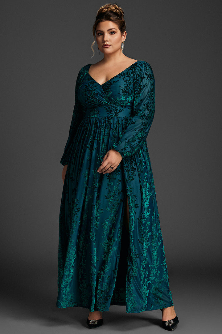 Curveins Plus Size Velvet Lantern Sleeve Plain Maxi Dress