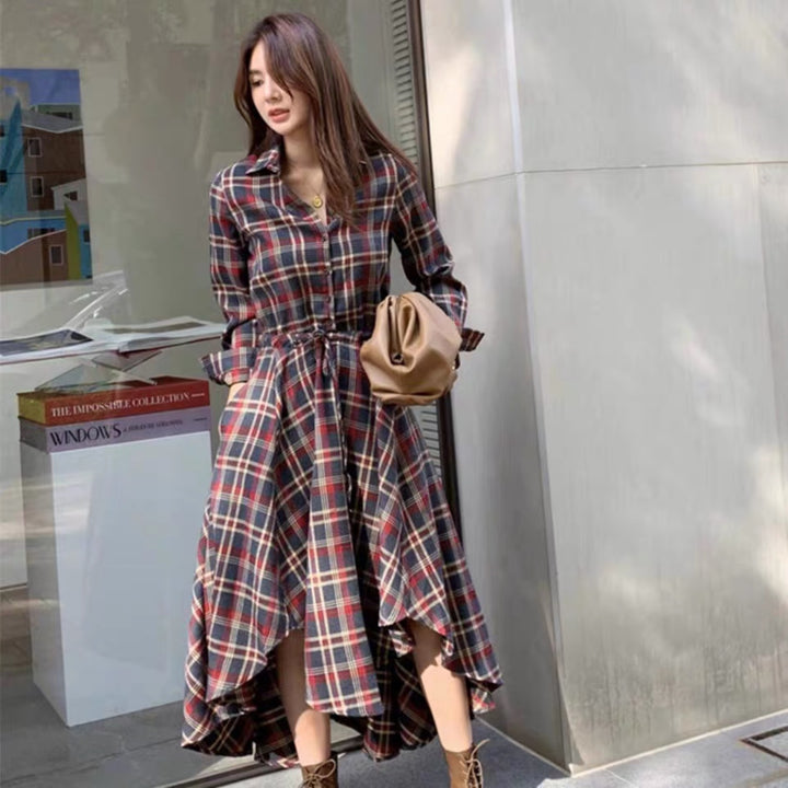 Plaid Asymmetric Hem Shirt Dress – Casual Long-Sleeve Checkered Dress for Women