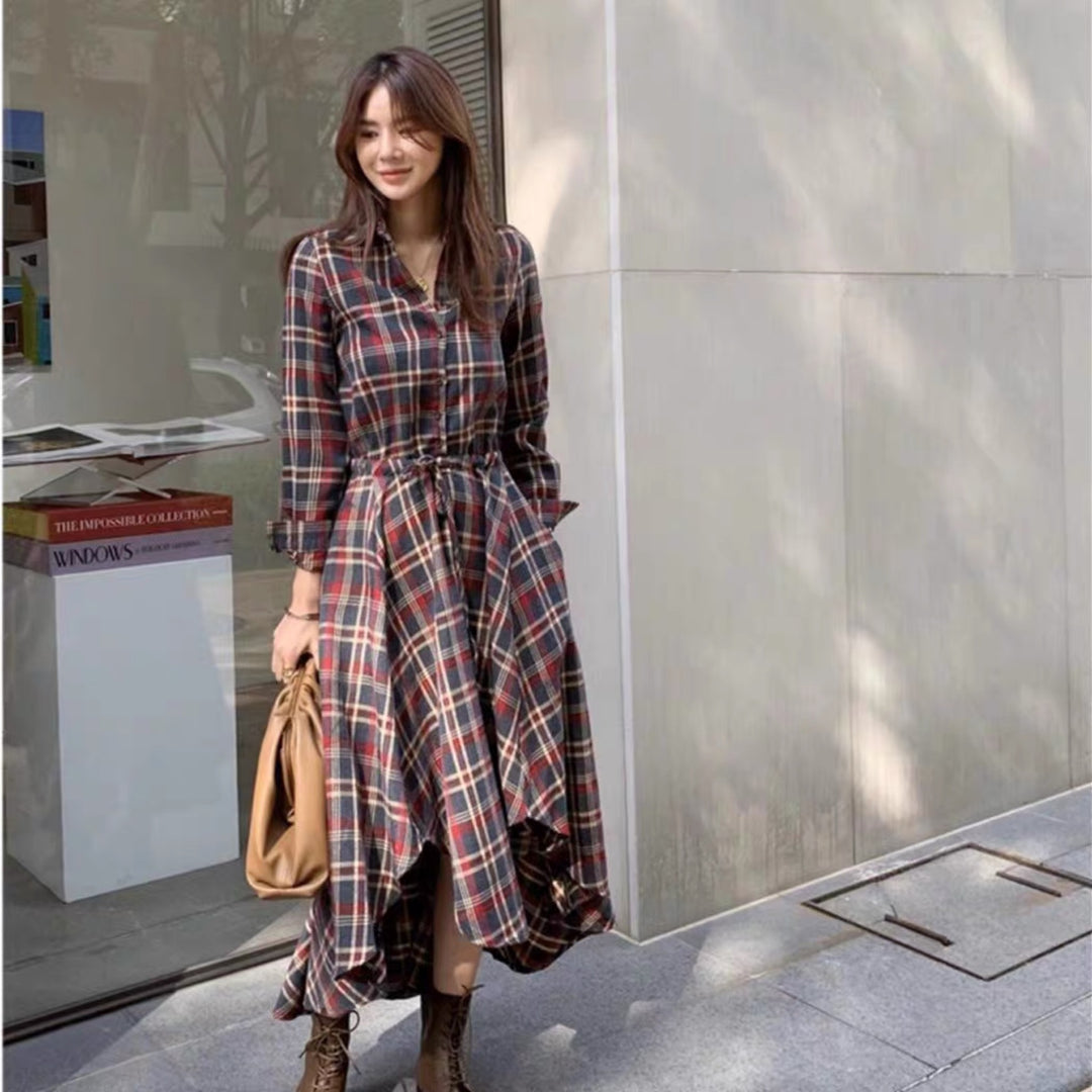 Plaid Asymmetric Hem Shirt Dress – Casual Long-Sleeve Checkered Dress for Women