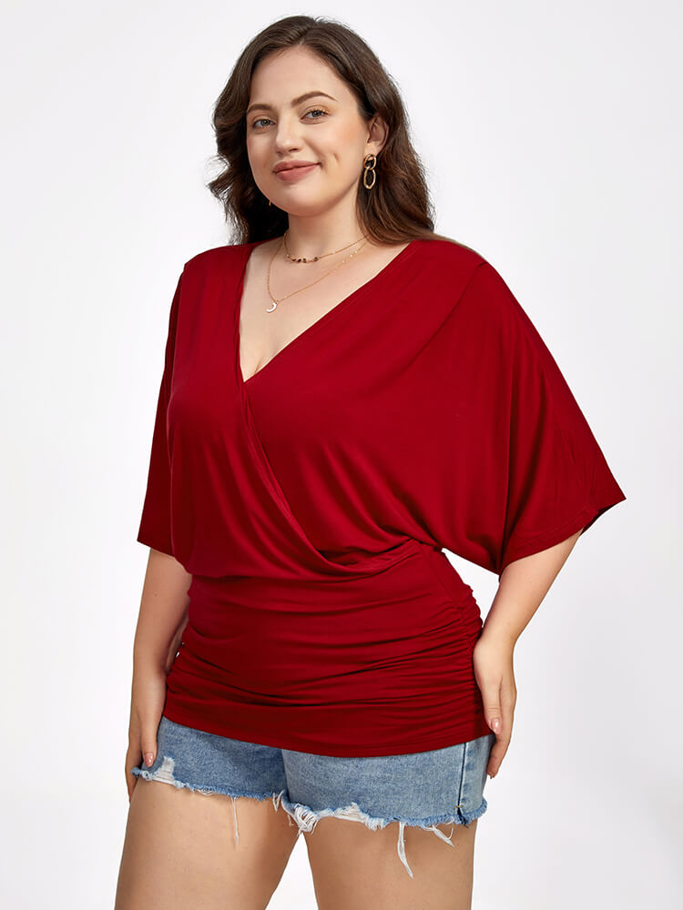 Plus Plain Crisscross V Neck Ruched Hem Tee