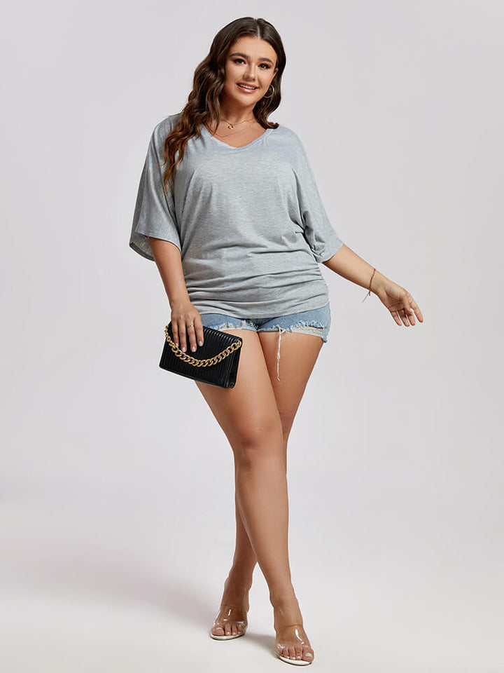 Plus Plain Ruched Batwing Sleeve Tee