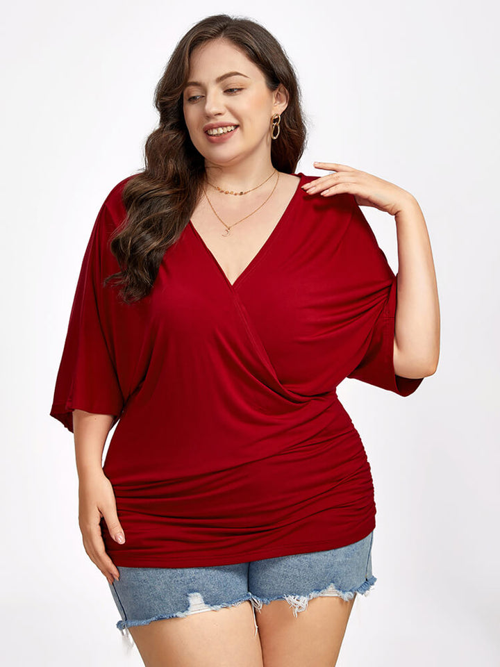 Plus Plain Crisscross V Neck Ruched Hem Tee