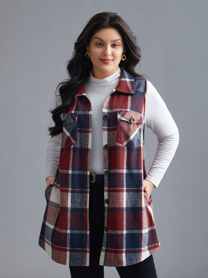 Plaid Flap Detail Sleeveless Jacket