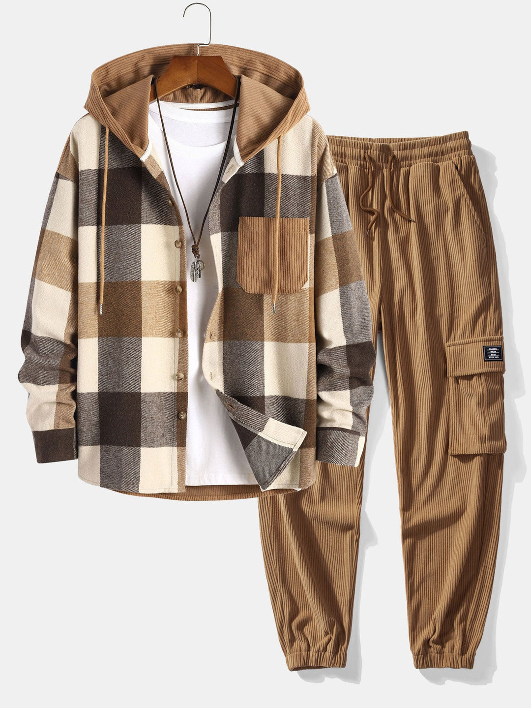 Relax Fit Flannel Plaid Corduroy Patchwork Hooded Shirt & Corduroy Cargo Jogger Pants