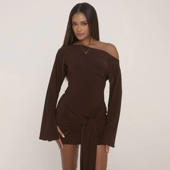 Chocolate Brown Slinky Bodycon Mini Dress with Long Flared Sleeves & Drape Detail