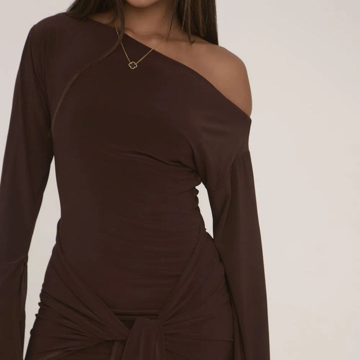 Chocolate Brown Slinky Bodycon Mini Dress with Long Flared Sleeves & Drape Detail