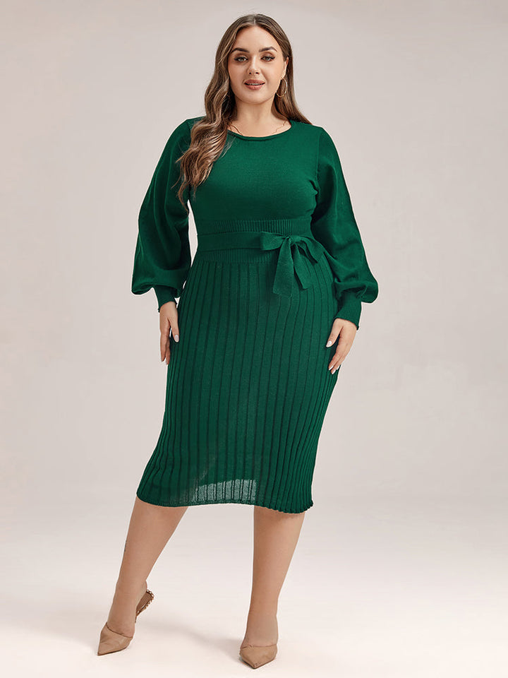 Plus Black Solid Tie Lantern Sleeves Midi Knit Dress