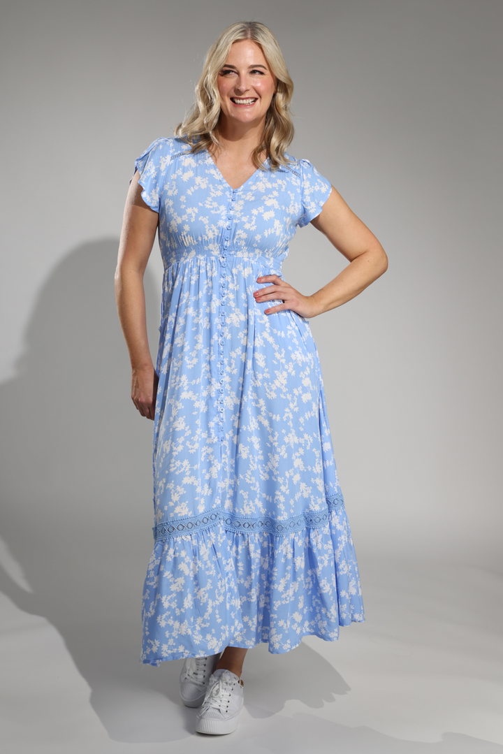 Floral button front Maxi Dress | BLUE/WHITE FLORAL | 0023A1