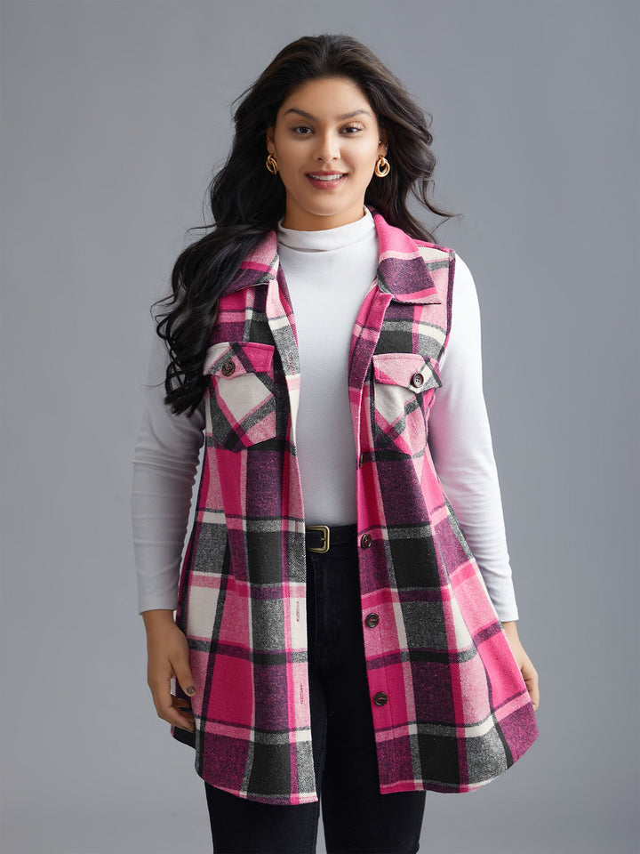 Plaid Flap Detail Sleeveless Jacket