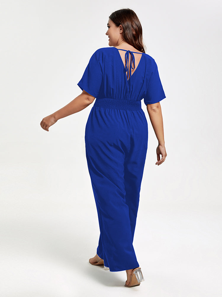 Plus V Neck Dolman Sleeve Pocket Shirred Wide Leg Jumpsuit