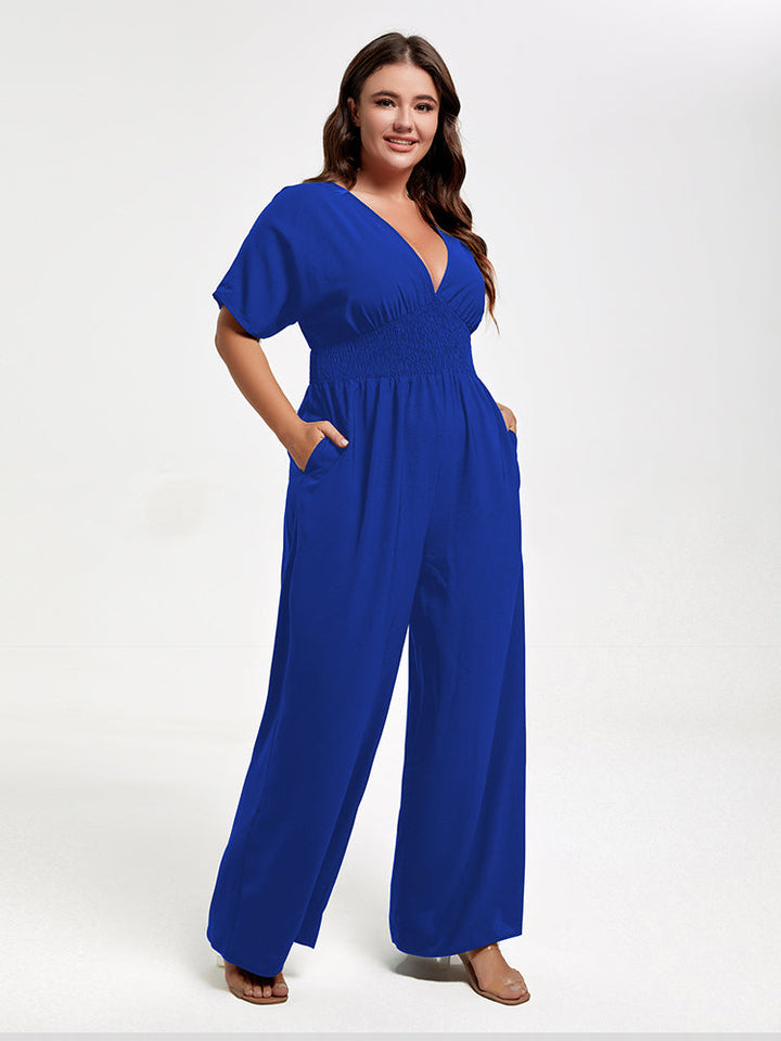 Plus V Neck Dolman Sleeve Pocket Shirred Wide Leg Jumpsuit