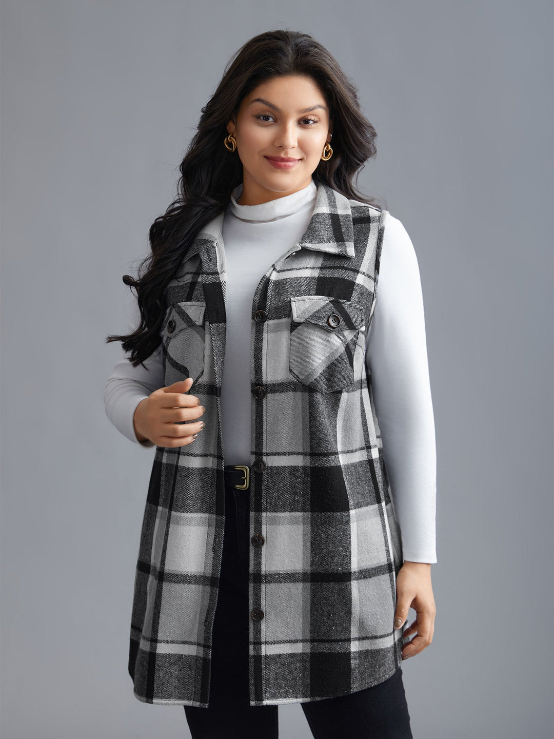 Plaid Flap Detail Sleeveless Jacket