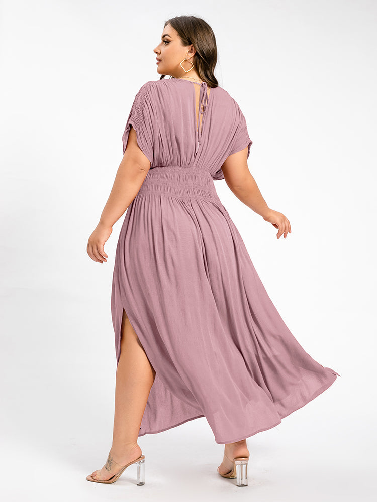 V-Neck Batwing Sleeve Pocket Ruched Waist Maxi Dress