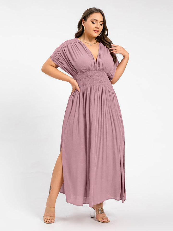 V-Neck Batwing Sleeve Pocket Ruched Waist Maxi Dress