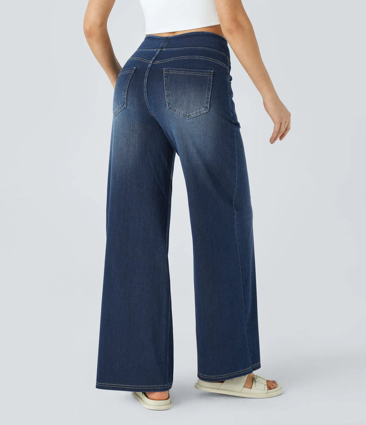 High Waisted Wide Leg Casual Jeans – Multiple Pockets, Washed Stretchy Knit for Comfort