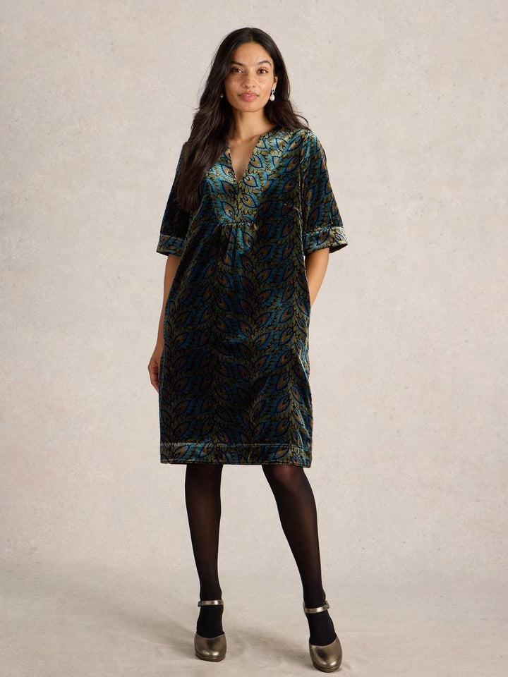 Velvet Floral Swing Dress – Elegant Teal and Gold Design for Special Occasions