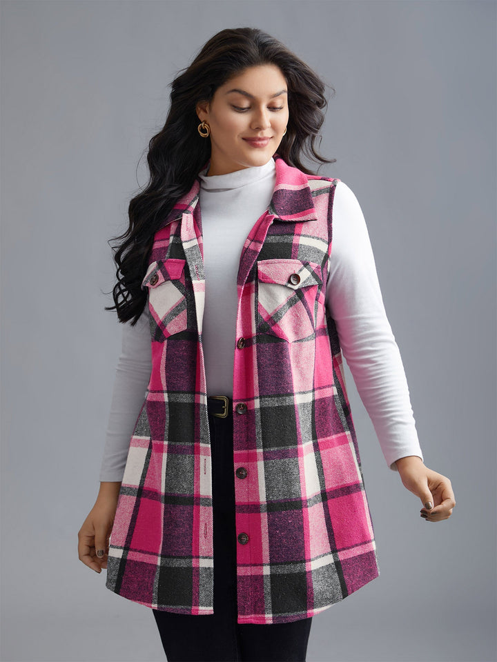 Plaid Flap Detail Sleeveless Jacket