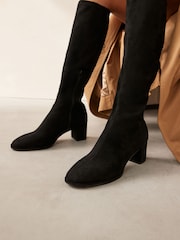 Black Wide Fit Knee-High Sock Boots - Forever Comfort Block Heel Design