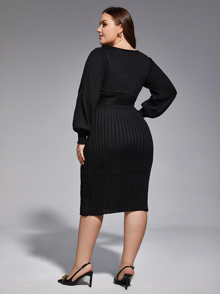 Plus Black Solid Tie Lantern Sleeves Midi Knit Dress