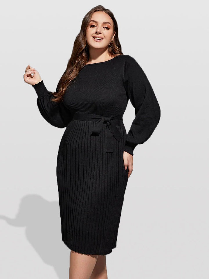 Plus Black Solid Tie Lantern Sleeves Midi Knit Dress