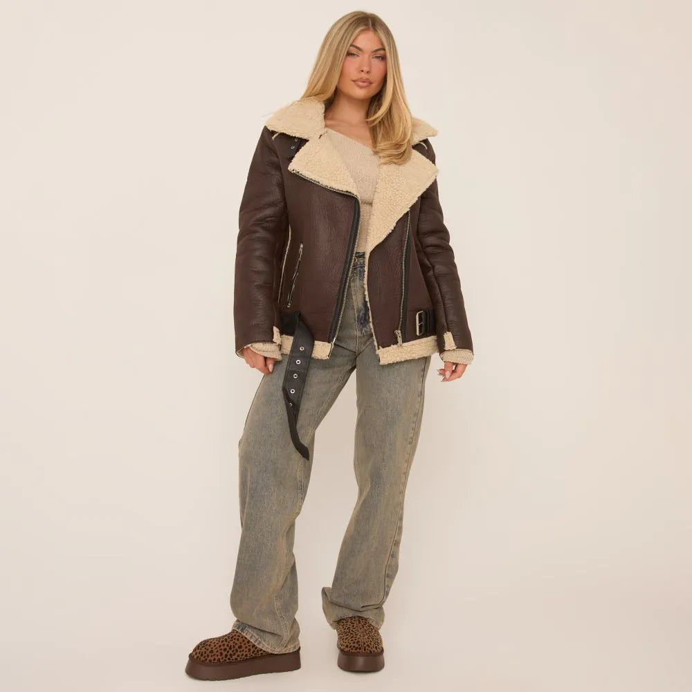 Contrast Borg Aviator Jacket in Dark Brown Faux Leather - Cozy & Stylish Outerwear